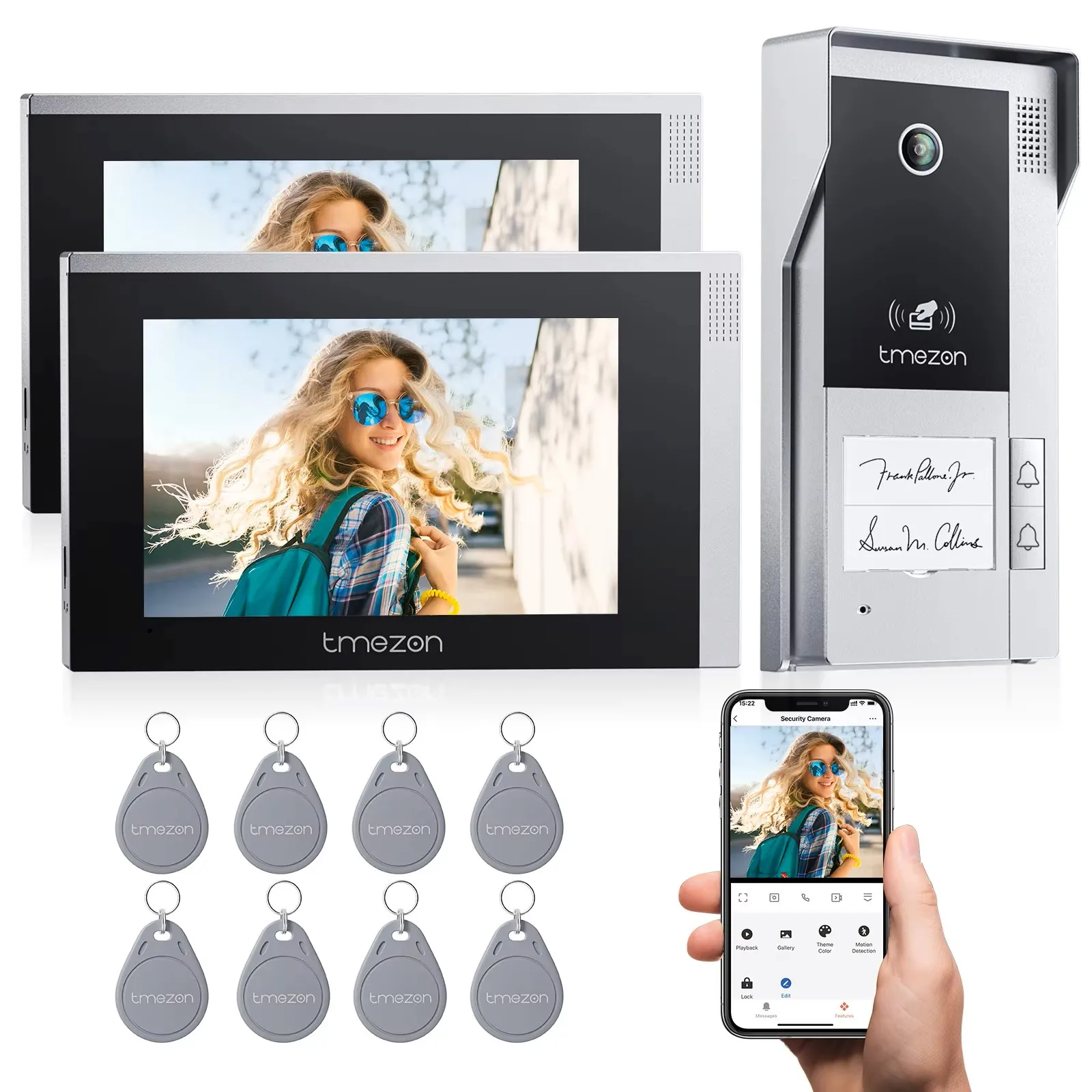 4-draads WiFi-video-intercom, TMEZON 1080P videodeurbel-intercomsysteem, 7 "IP-aanraakscherm, bewegingsdetectie. TUYA APP / RFID-kaart