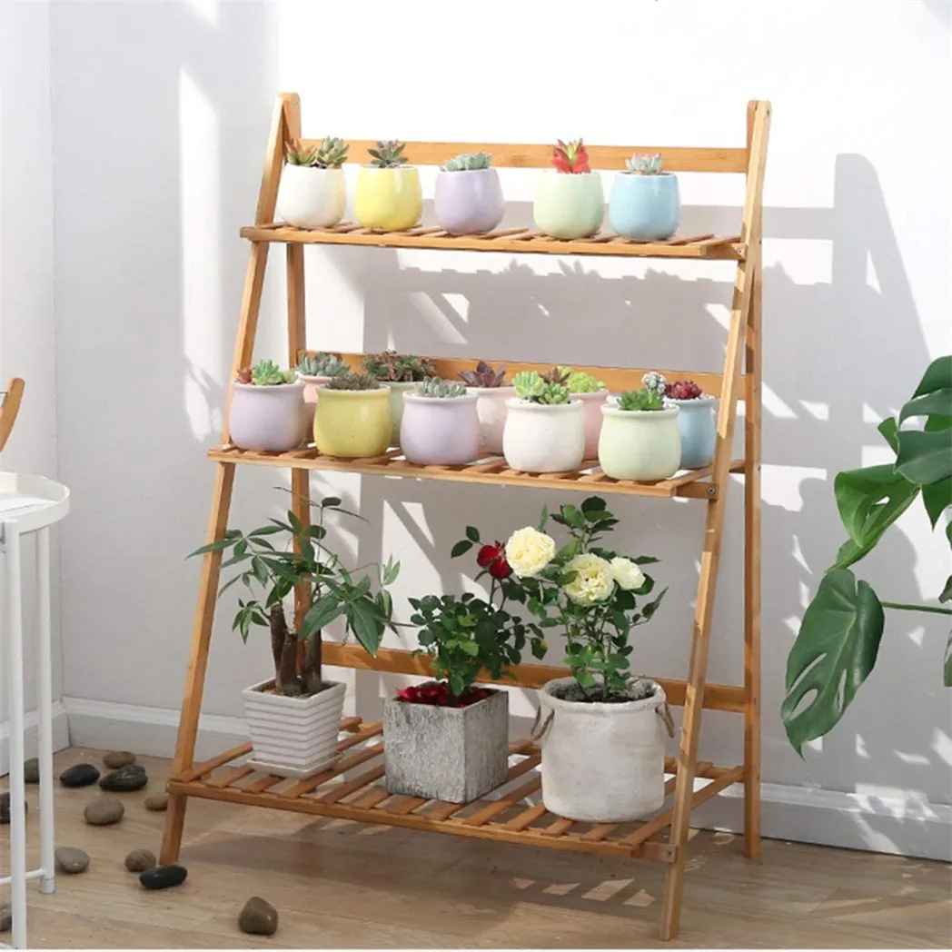 Scaffale per vasi da fiori in bambù a 3 livelli, espositore, scala da giardino, portaoggetti per interni ed esterni