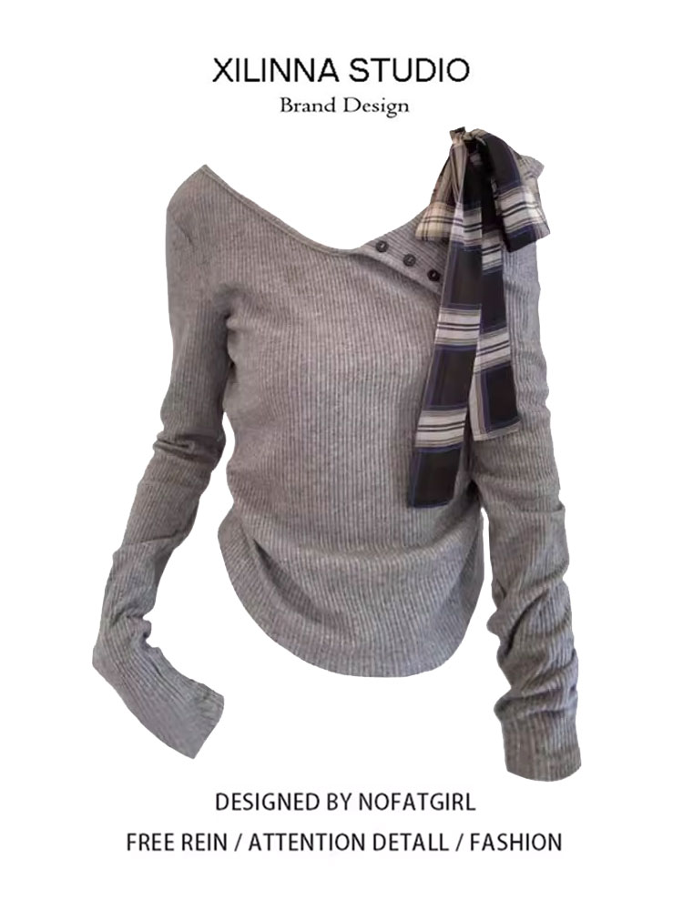 Plus Size Gray Asymmetrical  Knot Shoulder Bared Knitted Top Women's Autumn Slim Fit Inner Long Sleeve Base Shirt Top