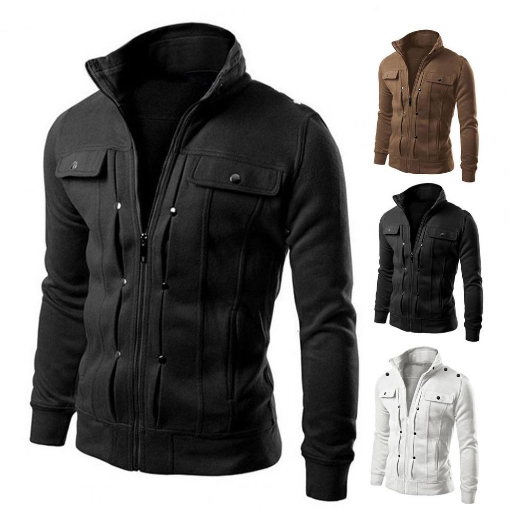 Prendas de abrigo para hombre, ropa de abrigo elegante de primavera con cuello levantado y cierre de cremallera, chaqueta informal para otoño, Color sólido, larga para hombre