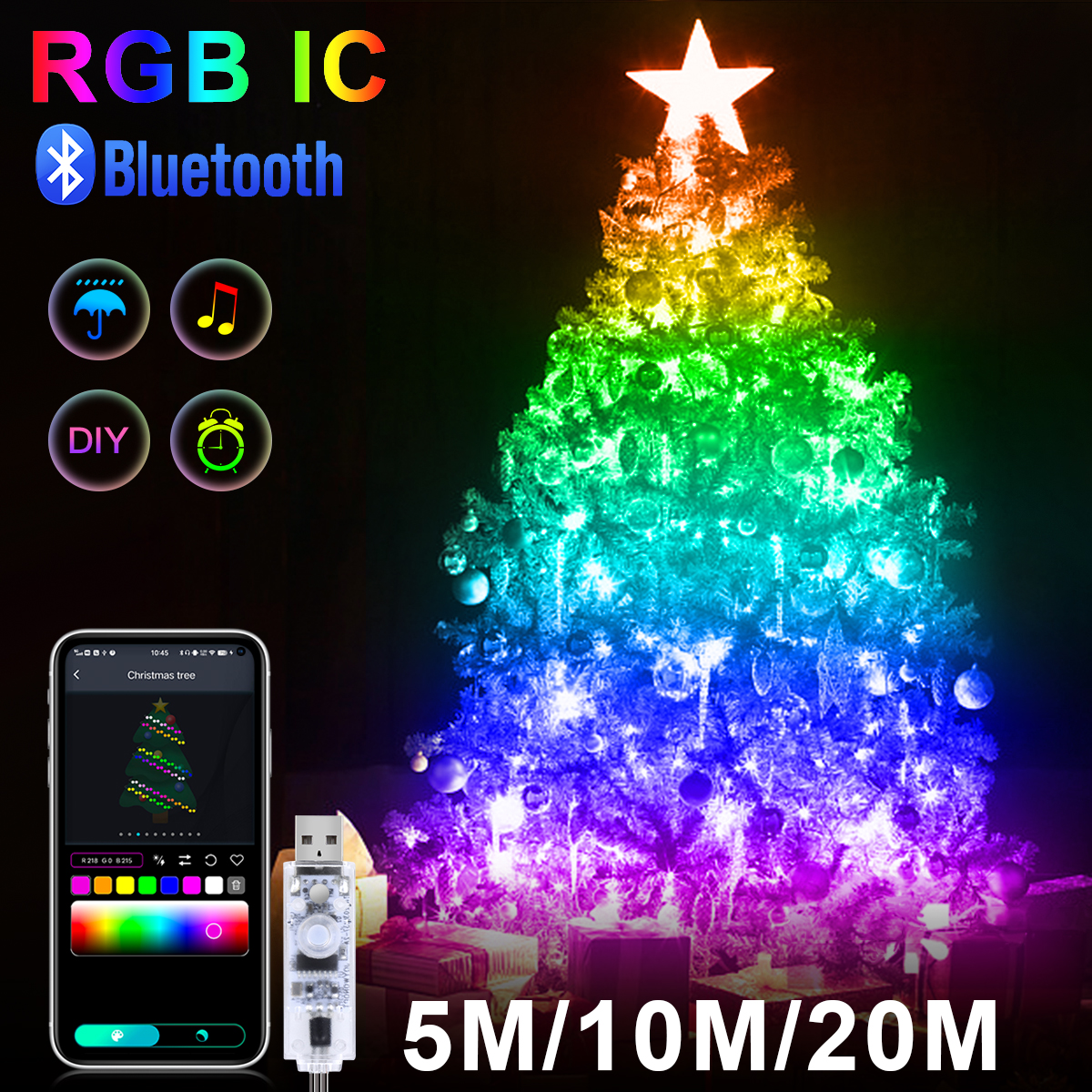 Guirnalda de luces LED RGBIC para exteriores, luces navideñas para jardín, WS2812B, guirnalda con Bluetooth, cortina, iluminación para decoración de fiesta en casa y boda