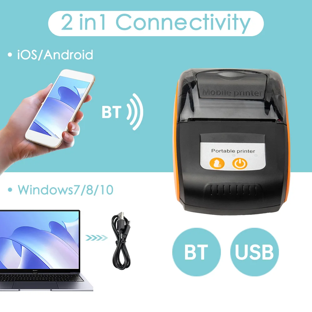 Mini Impressora Térmica Sem Fio, Impressora de Recibos, Impressora Móvel, BT, USB, Compatível com Android, iOS, Sistema Windows, 58mm