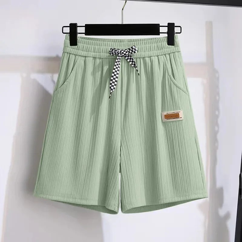 Ice silk shorts, women's summer thin slim, loose high-waisted straight mid pants, casual wide-leg pants, cropped pants