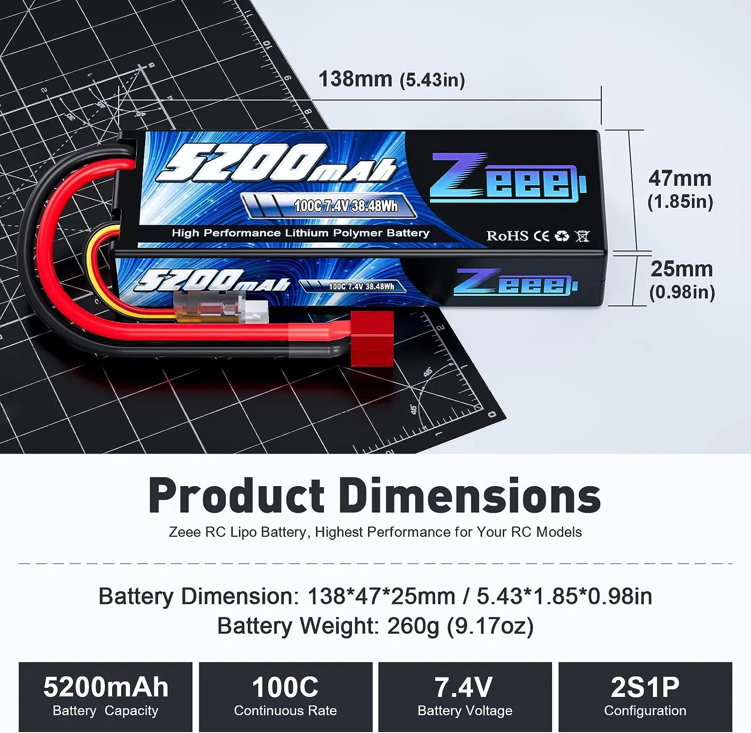 1/2 Units Zeee Lipo Battery 2S 7.4V 100C 5200mAh with Deans Connector for RC Car Truck Vehicle Buggy Losi RC Racing Models Parts