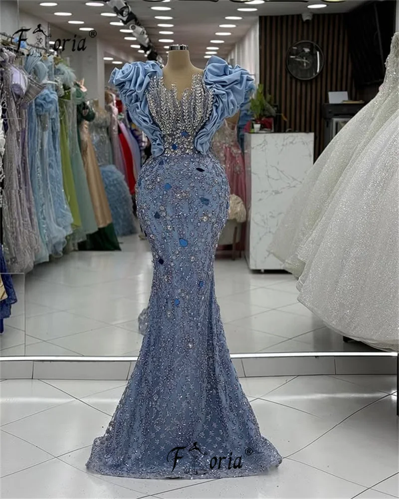 Elegantes blaues, gerüschtes, bauschiges Schulter-Meerjungfrau-Partykleid mit Perlen, Kristall, Abend- und Abschlussball-Event-Kleider, arabische, formelle, maßgeschneiderte Hochzeit
