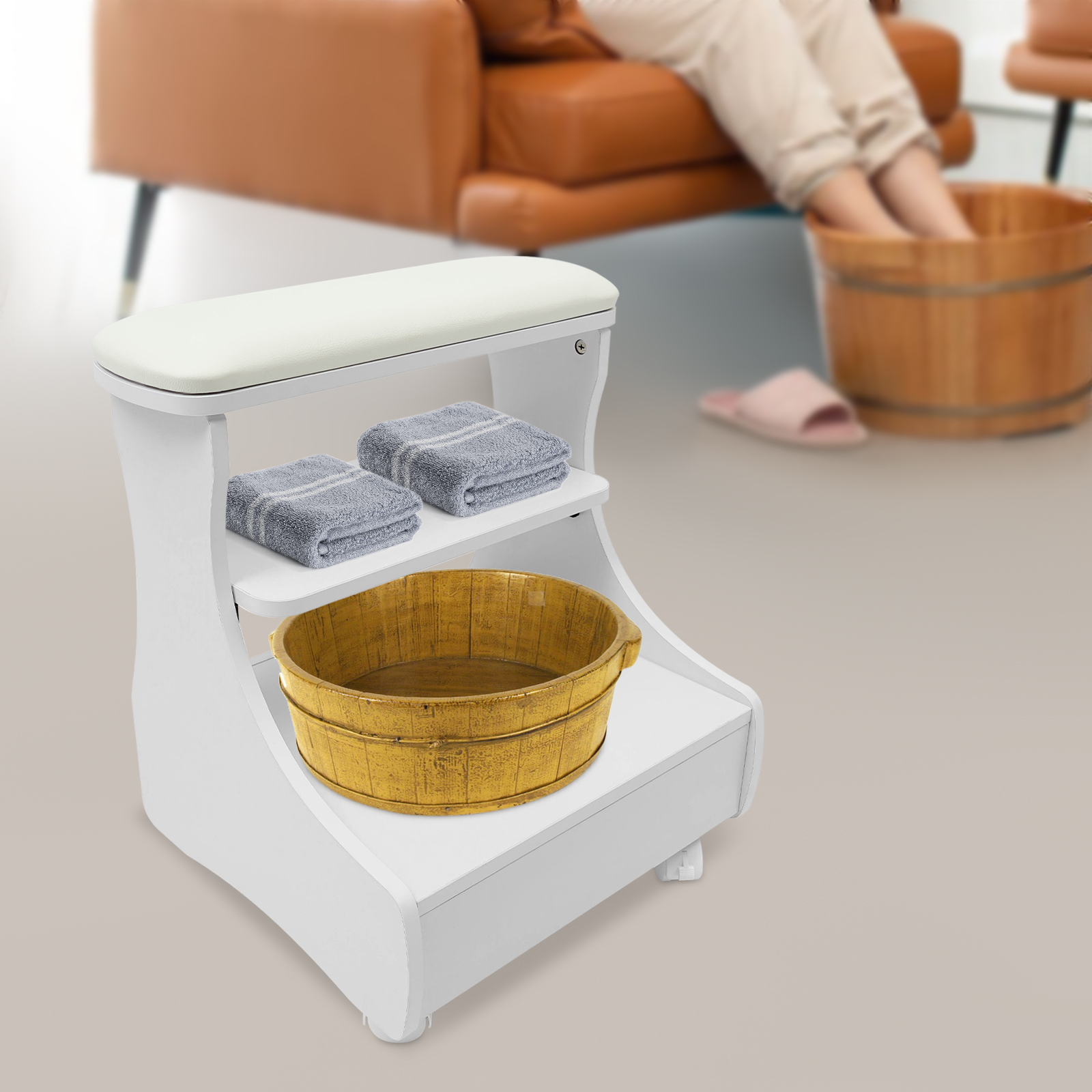 Fußbadhocker, Fußbadwagen, Fußstütze, Pediküre, Maniküre, Möbel, 4, Universalräder für Schönheitssalons, Weiß/Rosa/Schwarz