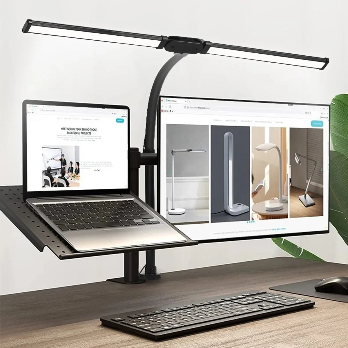 Lampa biurkowa LED z podwójną głowicą, regulowana, lampka do czytania przy komputerze, lampka monitorowa, lampa architektoniczna do biura.