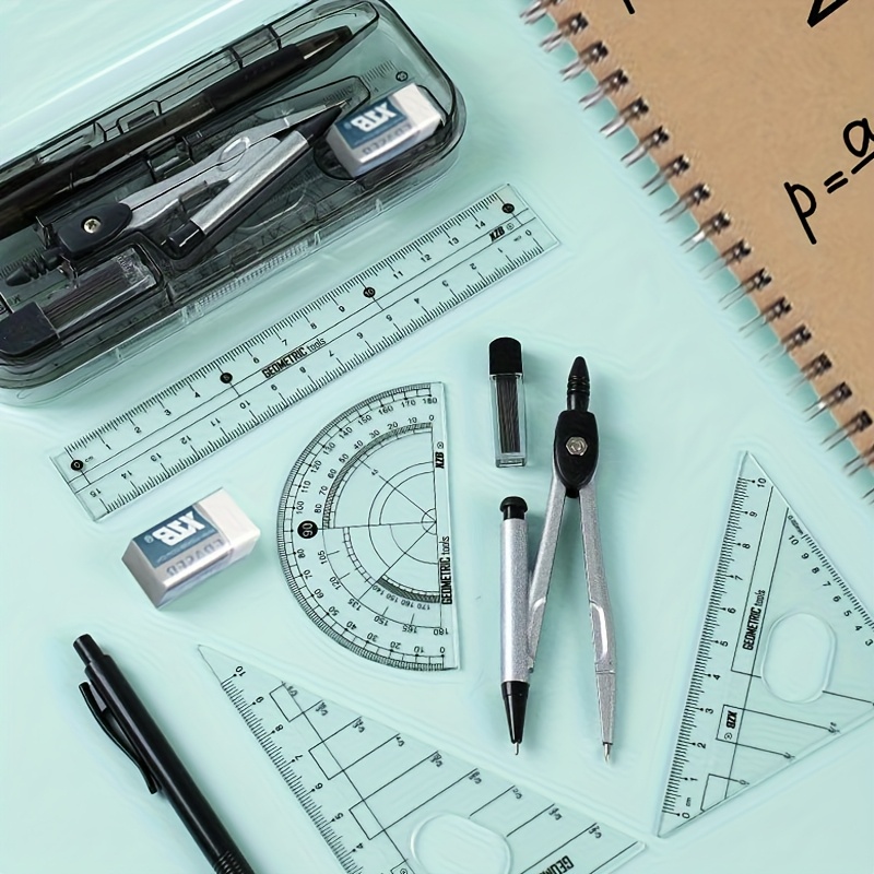 8PCS Drawings for Geometry School Compasses, Mechanical Pencils, Protractors, Rulers, and Tripods, with Storage Boxes
