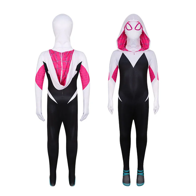 성인 어린이를위한 Gwen Stacy 코스프레 바디 슈트 의상 할로윈 Zentai 3D Spider Gwen with Mask Jumpsuit