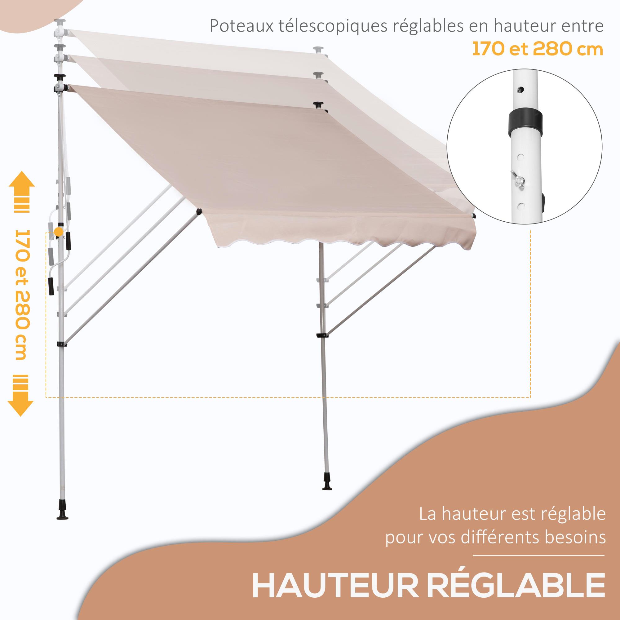 Auvent rétractable 2L x 1,5W x 1,7-2,8H mètre inclinaison réglable sans perceuse Installation métal aluminium polyester Beige
