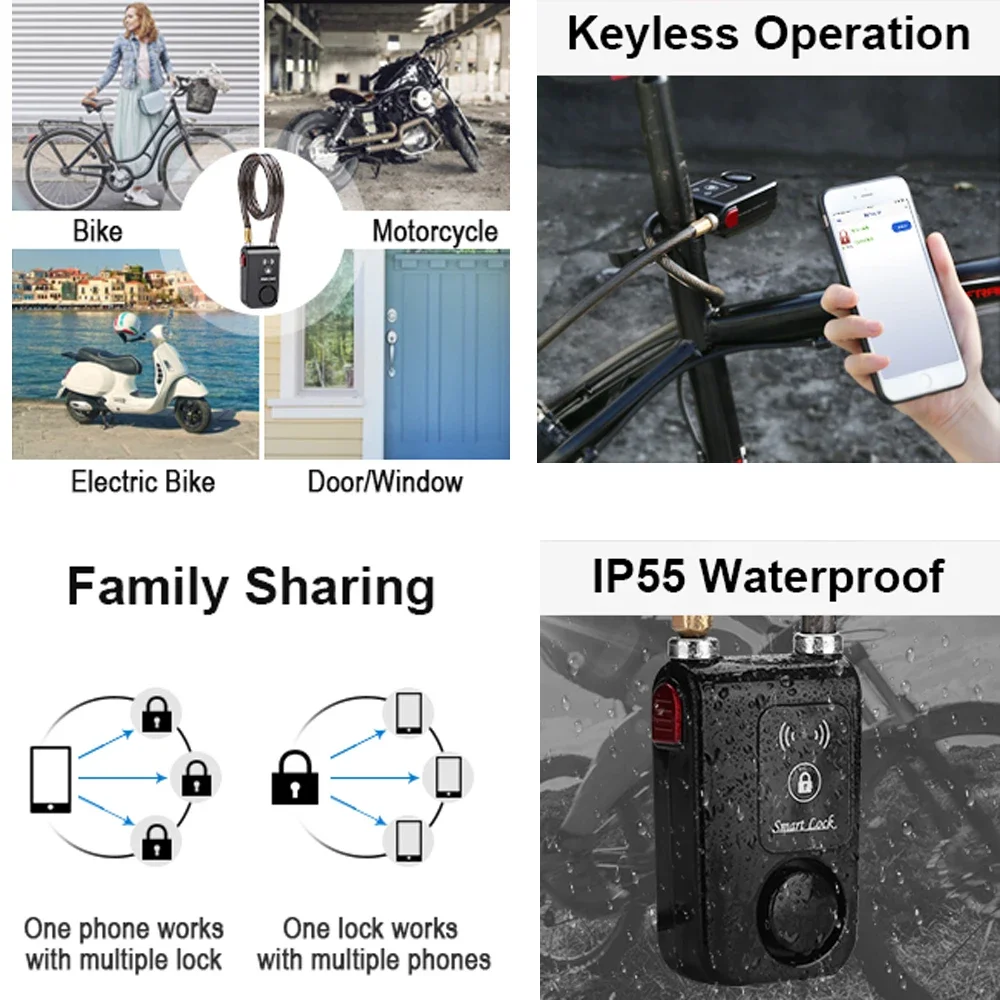 Camluxy Bike Alarm Lock 110dB Security Smart Bluetooth Remote Control Bicycle Lock  Anti-Theft Vibration for Motor Waterproof