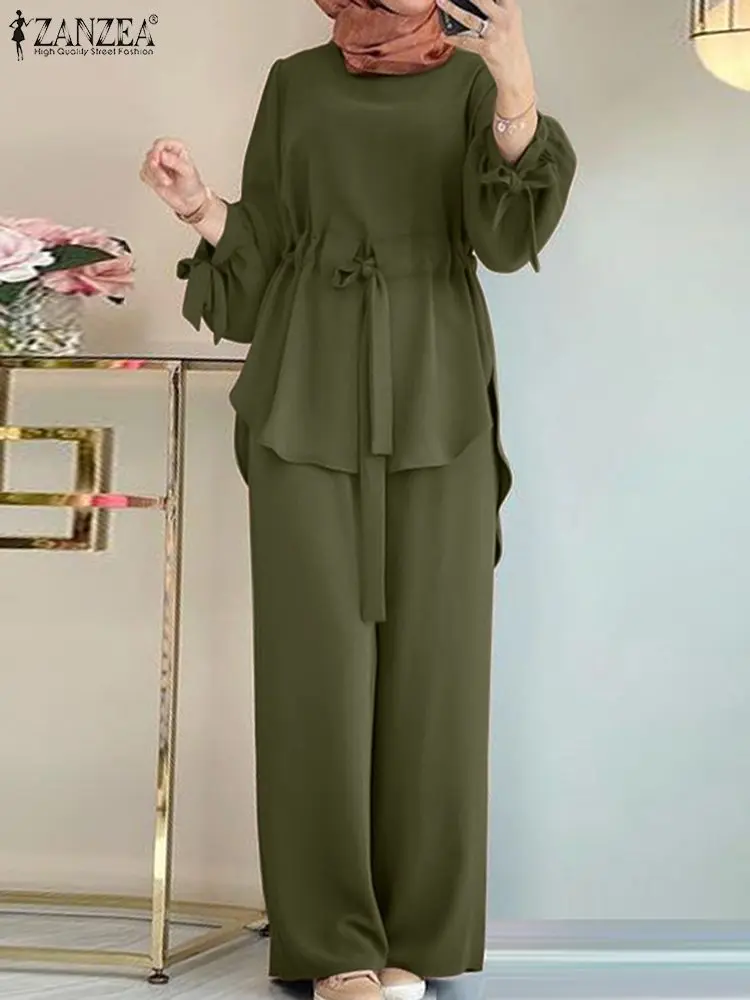 ZANZEA muzułmańskie damskie pasujące zestawy z długim rękawem jednokolorowe topy i luźne garnitury ze spodniami elegancka moda dres codzienny Kaftan 2025