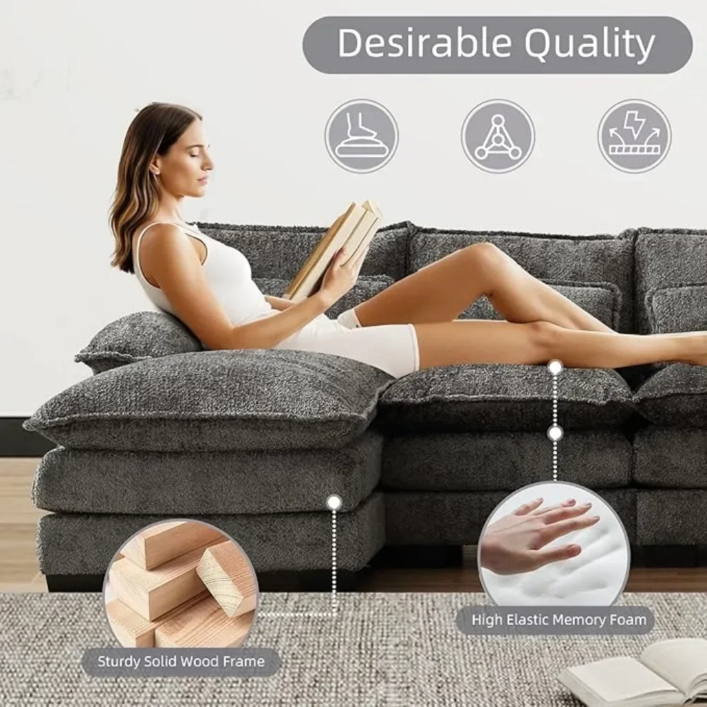 110"Sectional Sofa Couch for Living Room,Modern Chenille U-Shaped Couch,Comfy Modular Sofa Sleeper w Double Chaise Memory Foam