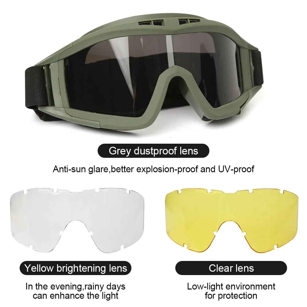 Gafas tácticas para montañismo, gafas de sol para tiro, a prueba de viento, Control de arena, gafas CS para Motocross, 3 lentes reemplazables para motocicleta