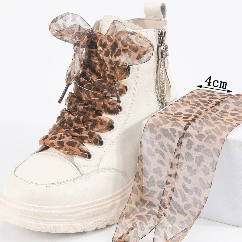 1 par de cordones exquisitos con estampado de leopardo a la moda para zapatos blancos, cordones de satén de seda de 2,5 cm de ancho para zapatillas deportivas de lona
