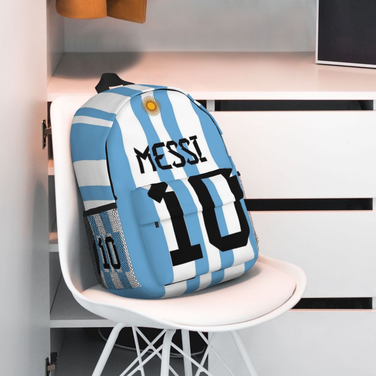 White-Blue Style Messi No.10 For Girls Boys Large Capacity Student Backpack Lightweight waterproof Backpack 15inch
