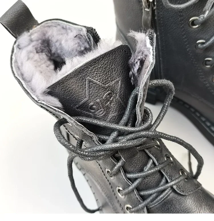 Botas cortas informales de piel auténtica para mujer, botines de lana cálida con cabeza ancha, hechos a mano, Careaymade-100 %