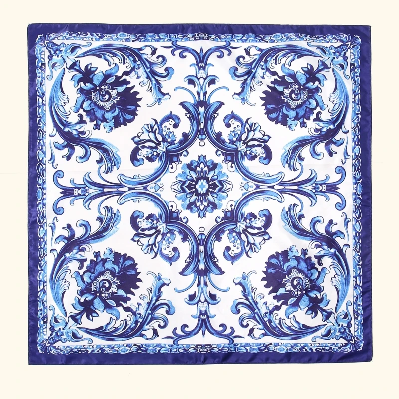 Nowa niebiesko-biała porcelanowa bandana na głowę dla kobiet Satynowy kwadratowy szalik Muzułmański drukowany hidżab Turban Damska kwadratowa opaska na głowę