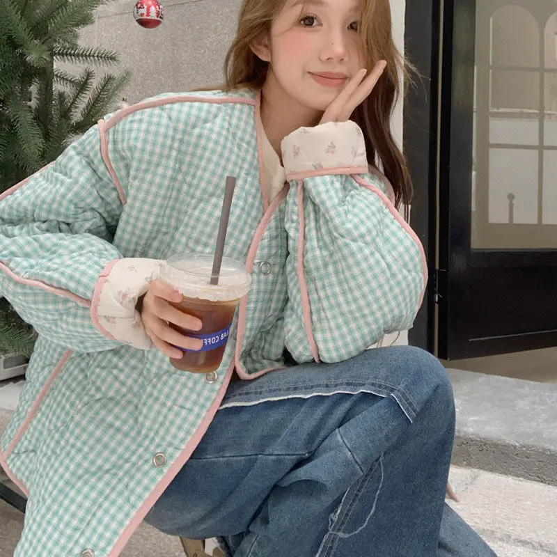 Novo losango pequeno topos floral acolchoado algodão-acolchoado jaqueta outerwear inverno dupla face usar jaquetas acolchoadas de algodão de comprimento médio