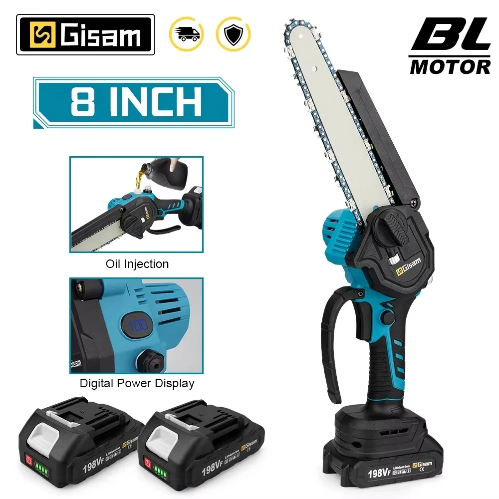 Gisha Sega elettrica senza spazzole da 8 pollici Sega a catena elettrica con una sola mano Lavorazione del legno Attrezzo da giardino Sega da potatura per Makita 18v Batteria Pin
