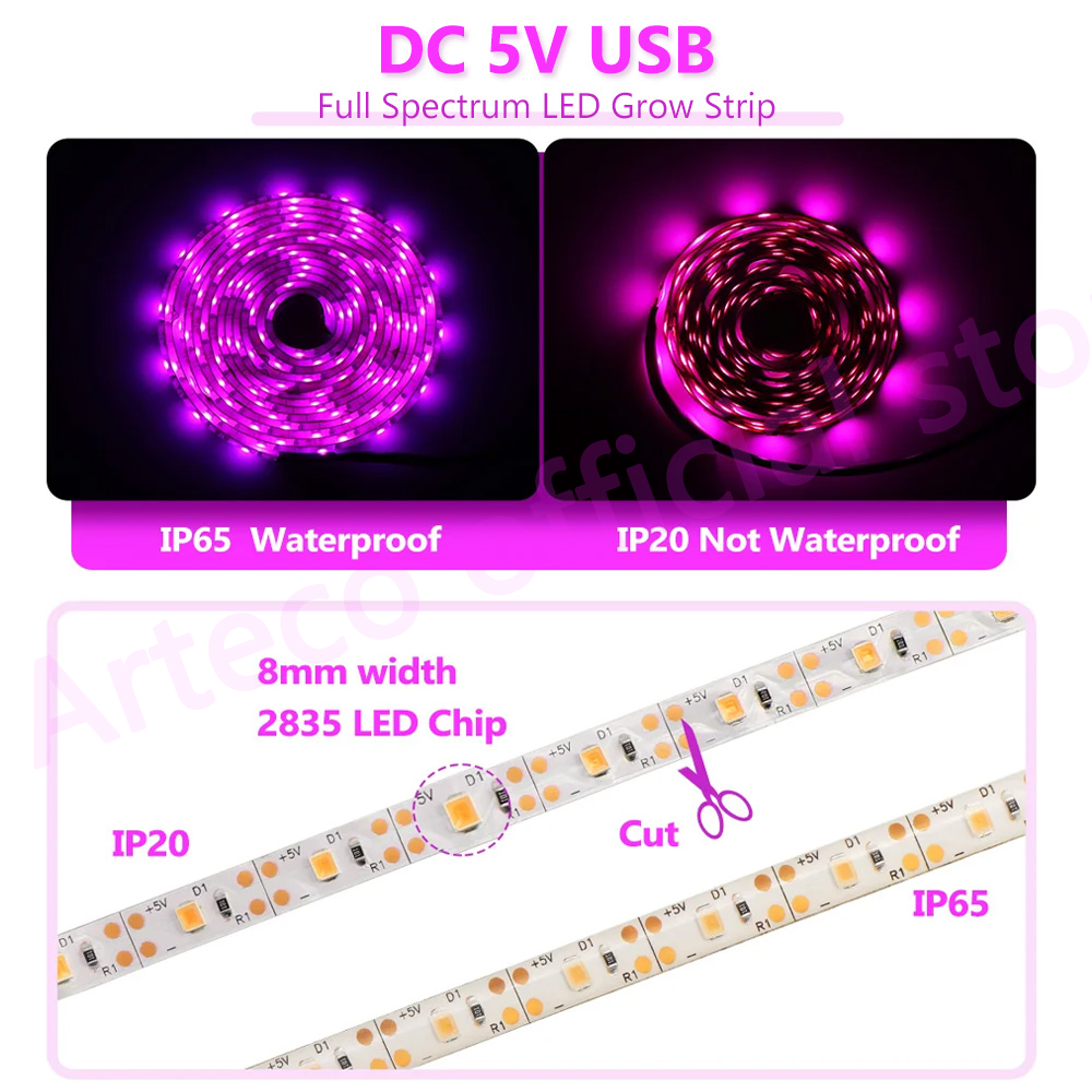 Arteco LED Vollspektrum-Pflanzenlampe, USB-Wachstumslicht, flexibles LED-Wachstumslicht, Phyto-Lampe, Blumensämling, Hydrokultur-Beleuchtung, 1–5 m