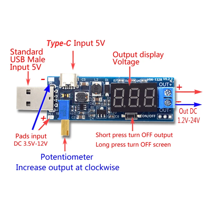 Boost Buck Converter TYPE-C Micro USB Step UP/Down Netzteilmodul DC-DC 5V bis 3,3V / 12V einstellbarer Ausgang DC 1,2V-24V