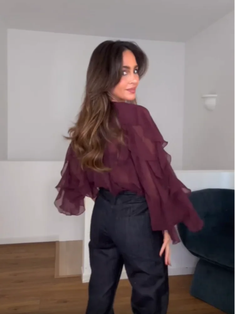 แฟชั่นผู้หญิง Multi Layered Ruffled เสื้อเซ็กซี่ดูผ่าน V คอยาวแขนยาวเสื้อยืดฤดูใบไม้ผลิ Lady Tops