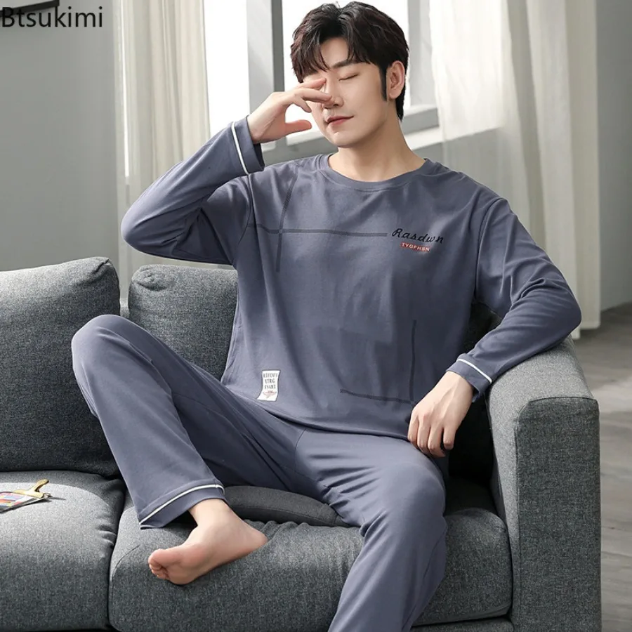 Conjuntos de pijamas de salón a la moda para hombre, nuevas camisetas de manga larga con pantalones, ropa de casa de algodón, ropa de dormir sencilla y cómoda de dos piezas