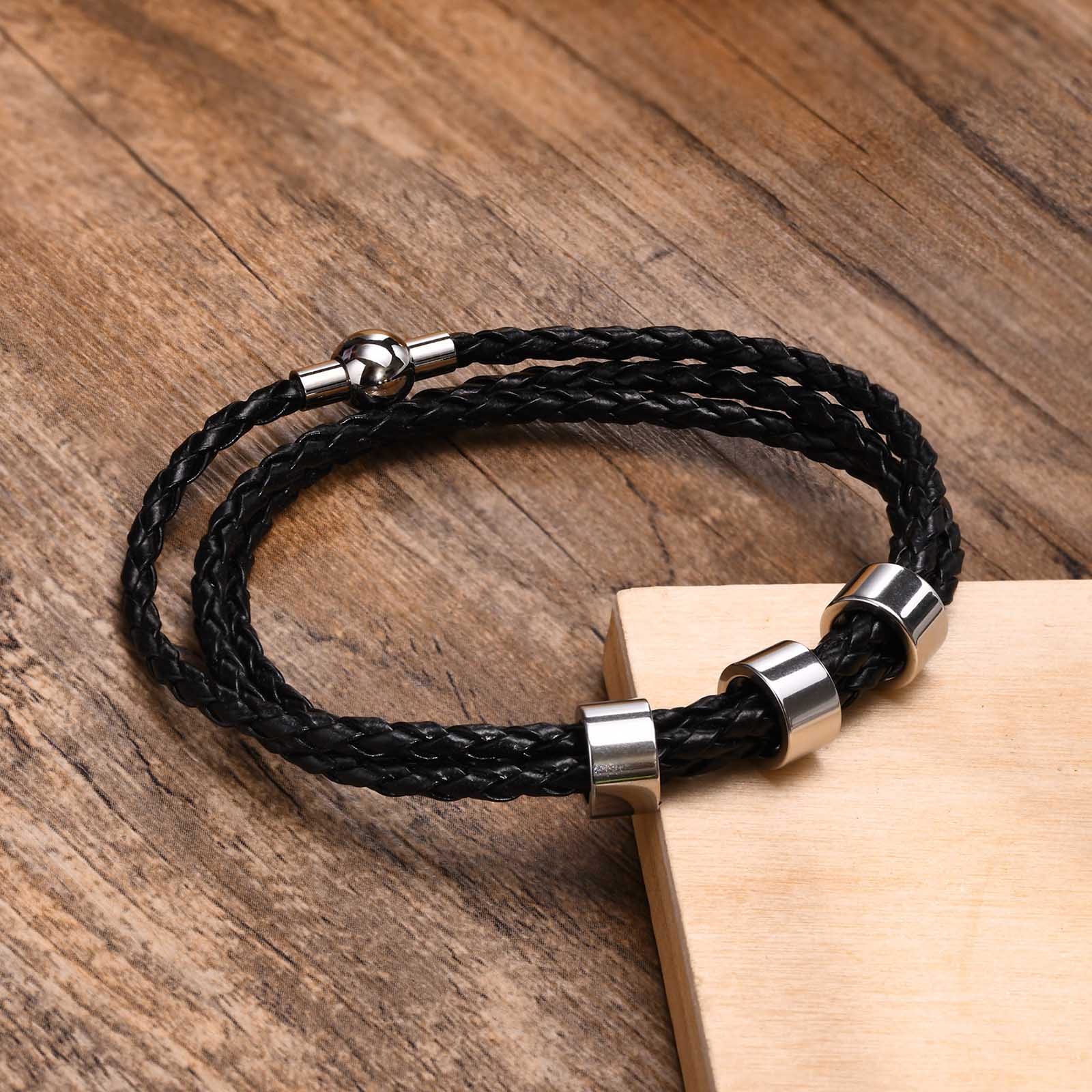 Vnox-pulsera trenzada de cuero genuino para hombre, abalorio de cuentas de acero inoxidable con nombre personalizado gratis, regalo para papá