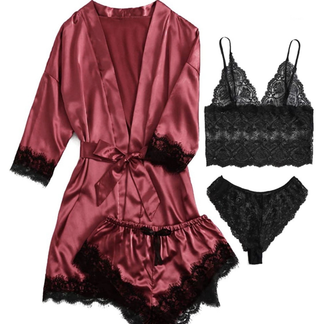 European and American women's pajamas underwear 4-piece set Lei suspender pajamas women's summer set nightgown nightgown