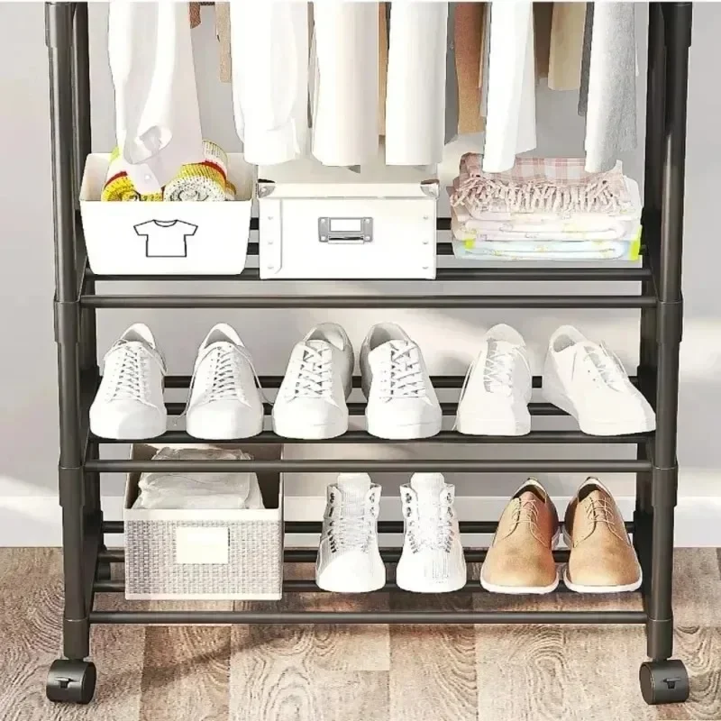 Double Mobile Hanger Single Rodซักรีดชั้นห้องนอนRetractableชั้นแขวนไม้แขวนเสื้อCoat Rack