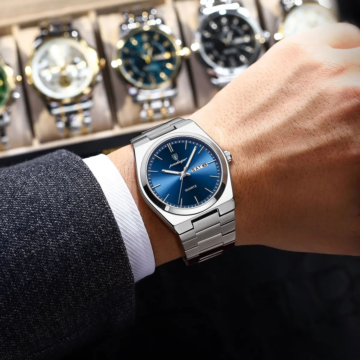 Reloj POEDAGAR de lujo para hombre, resistente al agua, luminoso, con fecha, semana, reloj de acero inoxidable para hombre, relojes de cuarzo informales para hombre, reloj masculino + caja
