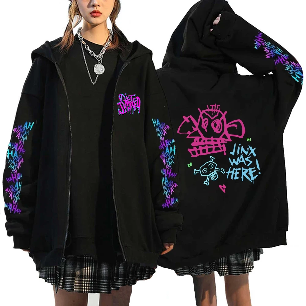 Arcane Jinx Monkey Graffiti Printed Hoodies Zipper Jacket Men Women Harajuku Anime Oversized Hip Hop Casual Sweatshirt Y2K Top