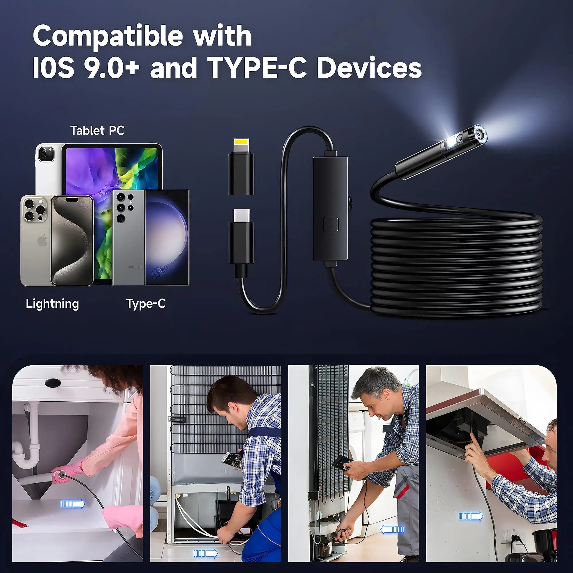 KERUI Telecamera per endoscopio con obiettivo singolo/doppio per iPhone iPad IOS e Android Tipo-c Luce a led IP67 Periscopio Telecamera per ispezione industriale