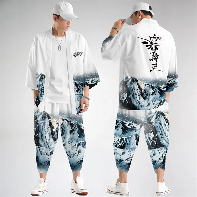 Duży rozmiar 5XL 6XL Japońskie kimono Kardigan Spodnie Zestaw Nadruk Smok Mężczyźni Kobiety Koszula Tradycja Yukata Haori Obi Kostium Cosplay