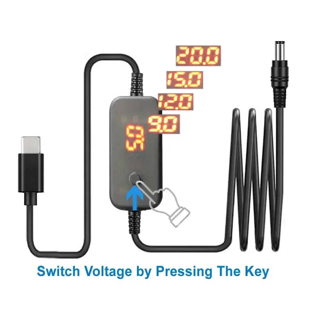 Cable de carga rápida PD de voltaje ajustable de 5-20 V, adaptador de corriente tipo C a CC de 5,5 x 2,1 mm para computadoras portátiles (Lenovo, Asus, HP, Acer)