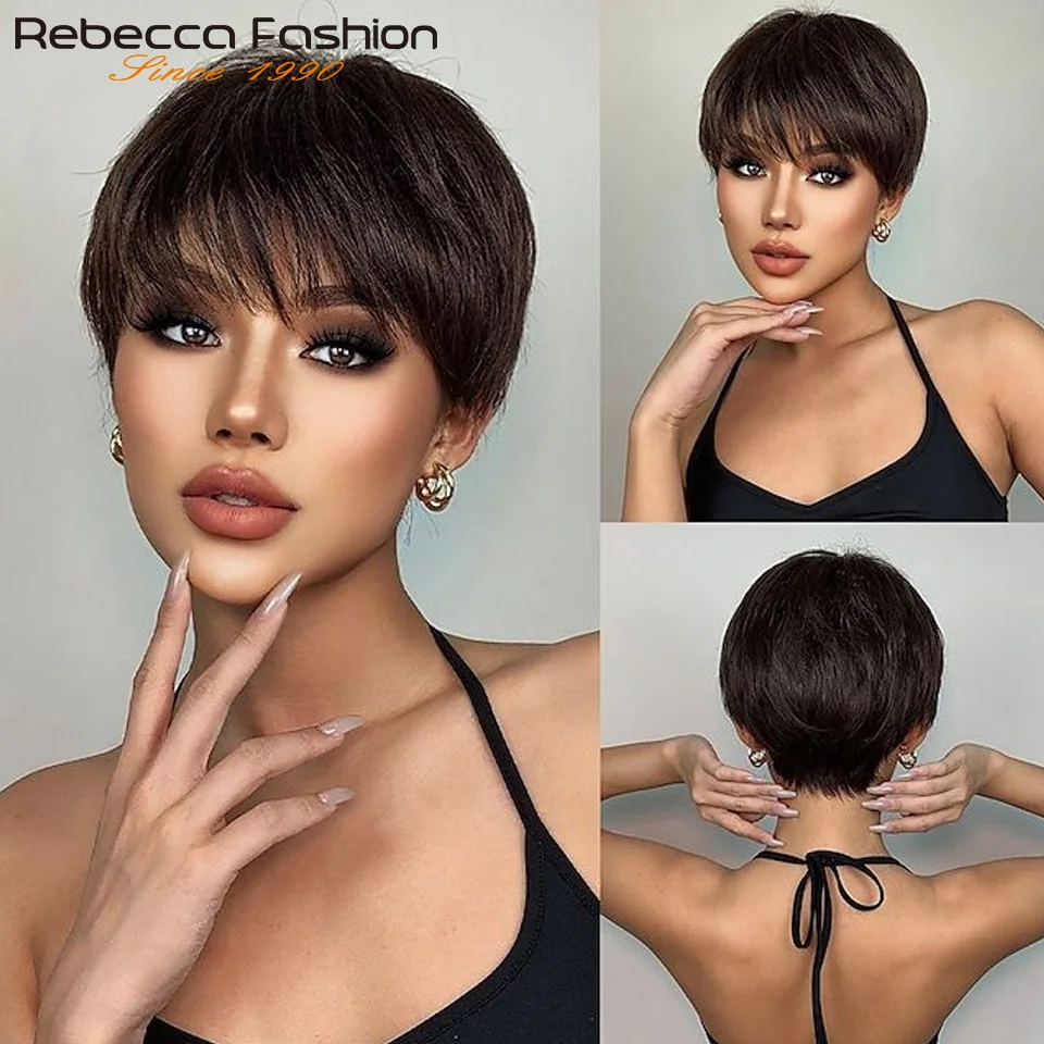 1b pixie corte curto colorido em linha reta perucas de cabelo humano com franja completa máquina feita perucas para mulheres brasileiro natural preto