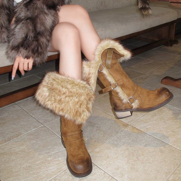 Women Snow Boots 2025 ,Winter Fur Fashion Trend  Mid Calf Faux Ladies Boots Suede Warm Solid  Mid Calf  Bootie 5269