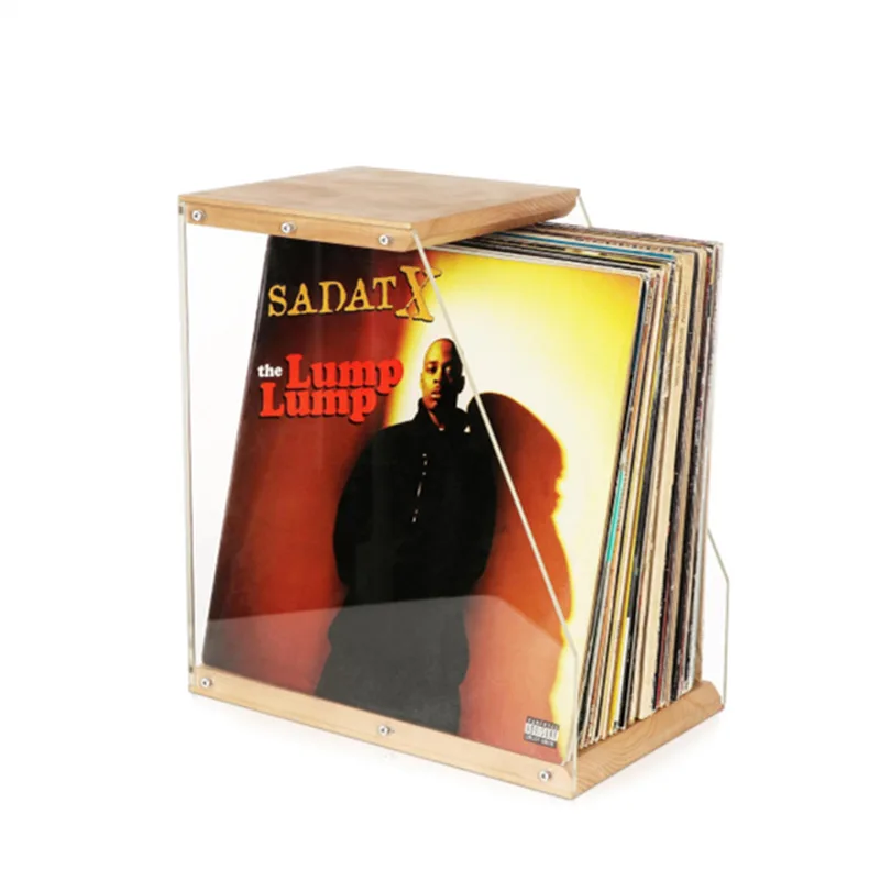 Scaffale per dischi in legno Ornamento da tavolo Espositore per dischi in vinile trasparente Scatola portaoggetti per libri con nastro Organizzatore in legno massello