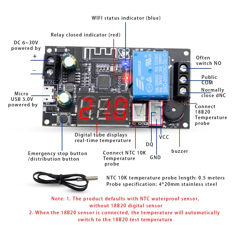 Termostato WIFI remoto, módulo controlador de temperatura de alta precisión, colección de aplicaciones de refrigeración y calefacción