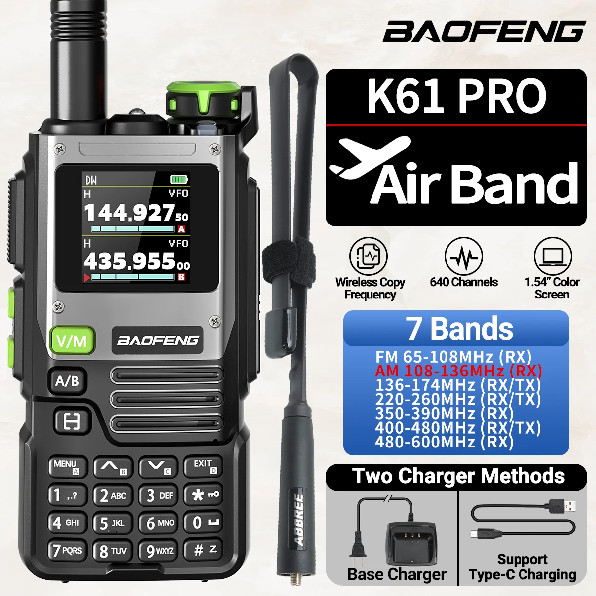 BAOFENG K61 PRO Walkie Talkie multibanda frecuencia de copia inalámbrica DTMF NOAA tipo C 640CH actualizado UV-5R UV-K5 8 Ham Radio bidireccional