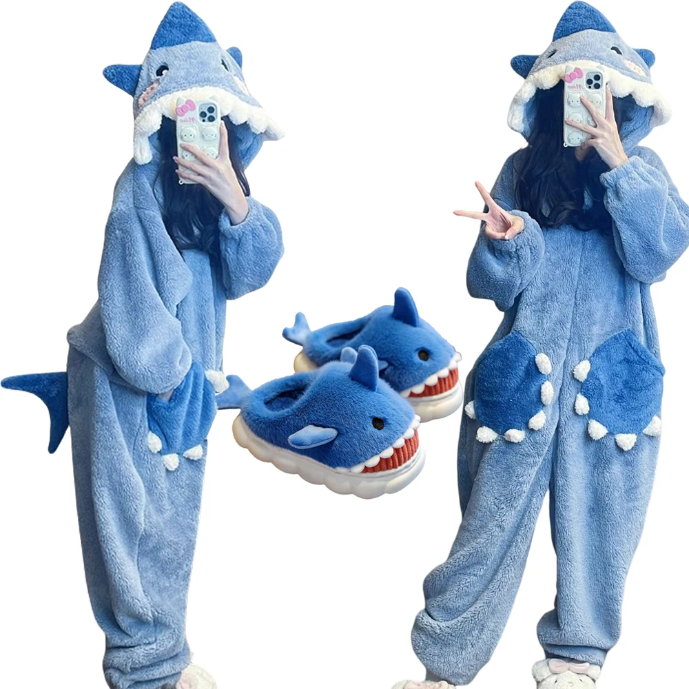 Macacão feminino com capuz, pijamas bonitos de tubarão, cosplay pijama, kigurumi, unicórnio, festa de Natal, loungewear, inverno