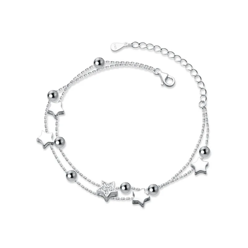 Ventfille 925 selo prata cor estrela pulseira moda coreano estrelas de cinco pontas cristal pulseira dupla dropshipping atacado