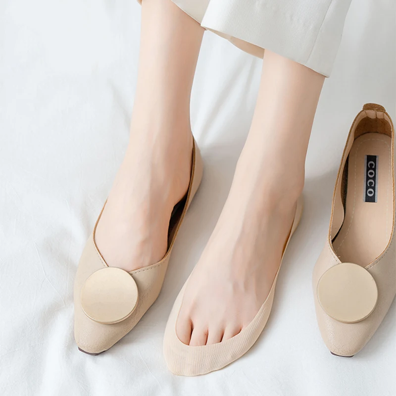5 pares de calcetines invisibles antideslizantes, zapatillas sin costuras de seda helada, calcetines náuticos de verano finos, sólidos, informales, transpirables, calcetines de corte bajo para mujer