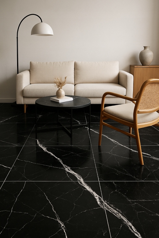 Płytka podłogowa ceramiczna 60x60cm Marmurowa, czarna, wysoki połysk