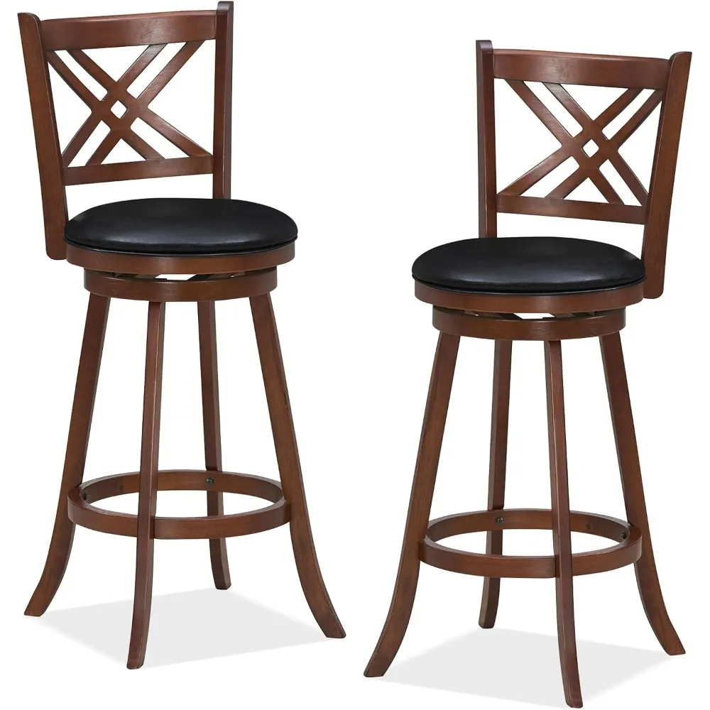 360° Swivel Barstools Set of 2, 29" Bar Height Bar Chairs with Back & Footrest, Upholstered Bar Stools with Rubber Wood Frame