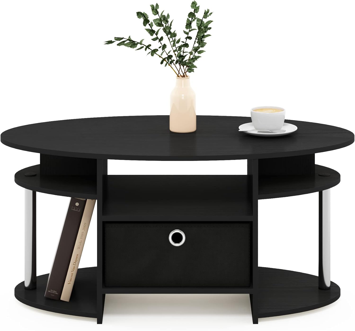 Simple Design Oval Coffee Table with Bin, Americano, Stainless Steel Tubes