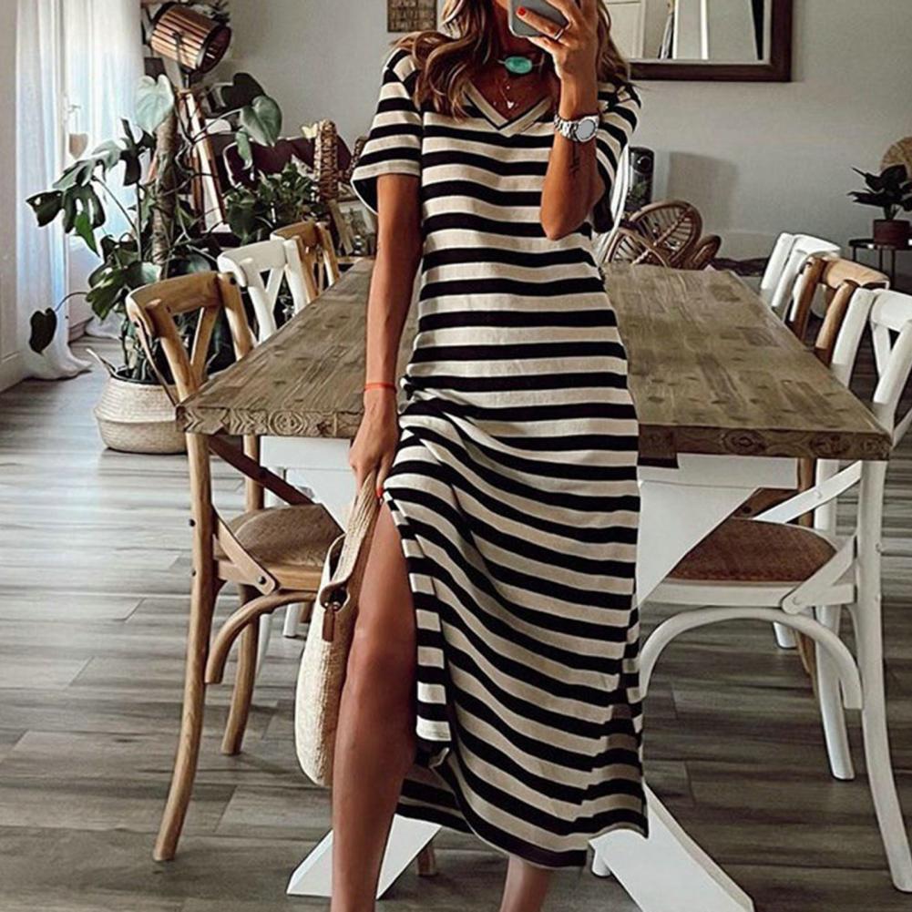 Sommer Kleider 2023 Frau Plus Größe Kleider Für Frauen Casual Streifen Druck V-ausschnitt Kurzarm Lose Lange Kleid Robe Femme