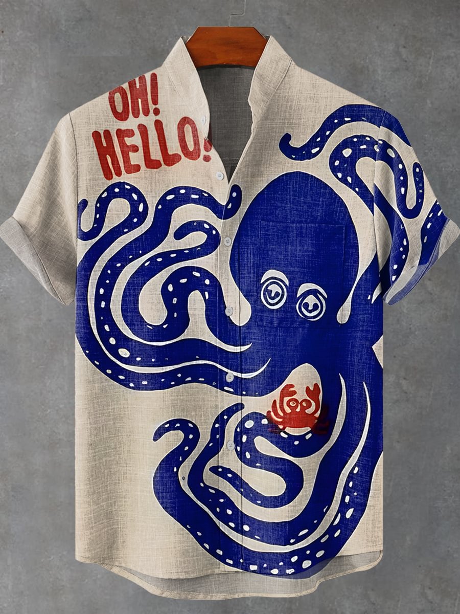 Summer 2025 New Art Deep Sea Giant Octopus Monster Pattern Linen Men's Short Sleeve Shirt Casual Comfortable Button Top