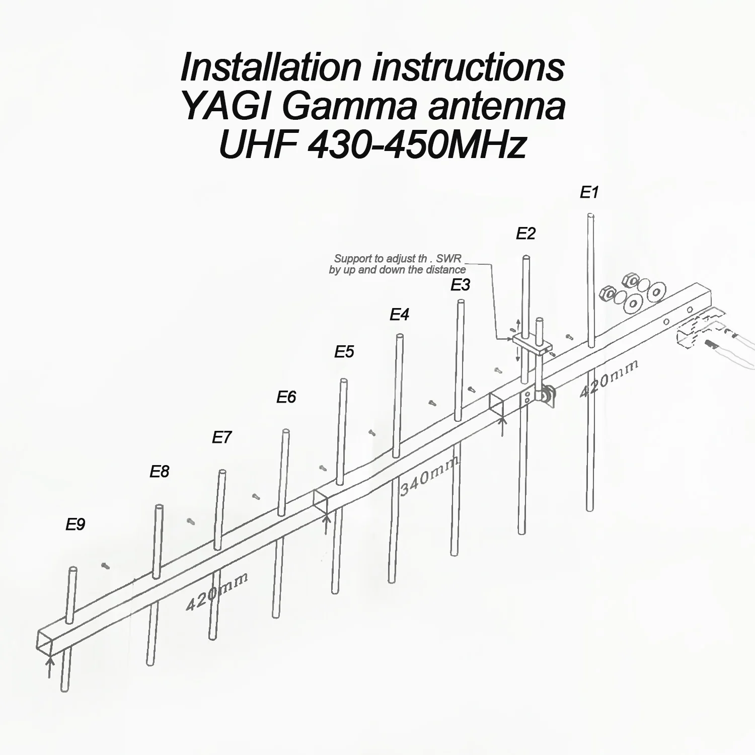 Walkie Talkie Yagi Gamma-Antenne UHF 430–450 MHz 9 Elemente 150 Watt 13 dB High Gain 1180 mm Boomlänge